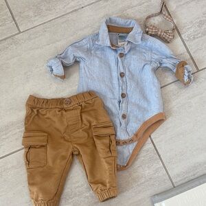 Button down Onesie and Tan Cargo Pants with Bow Tie Set